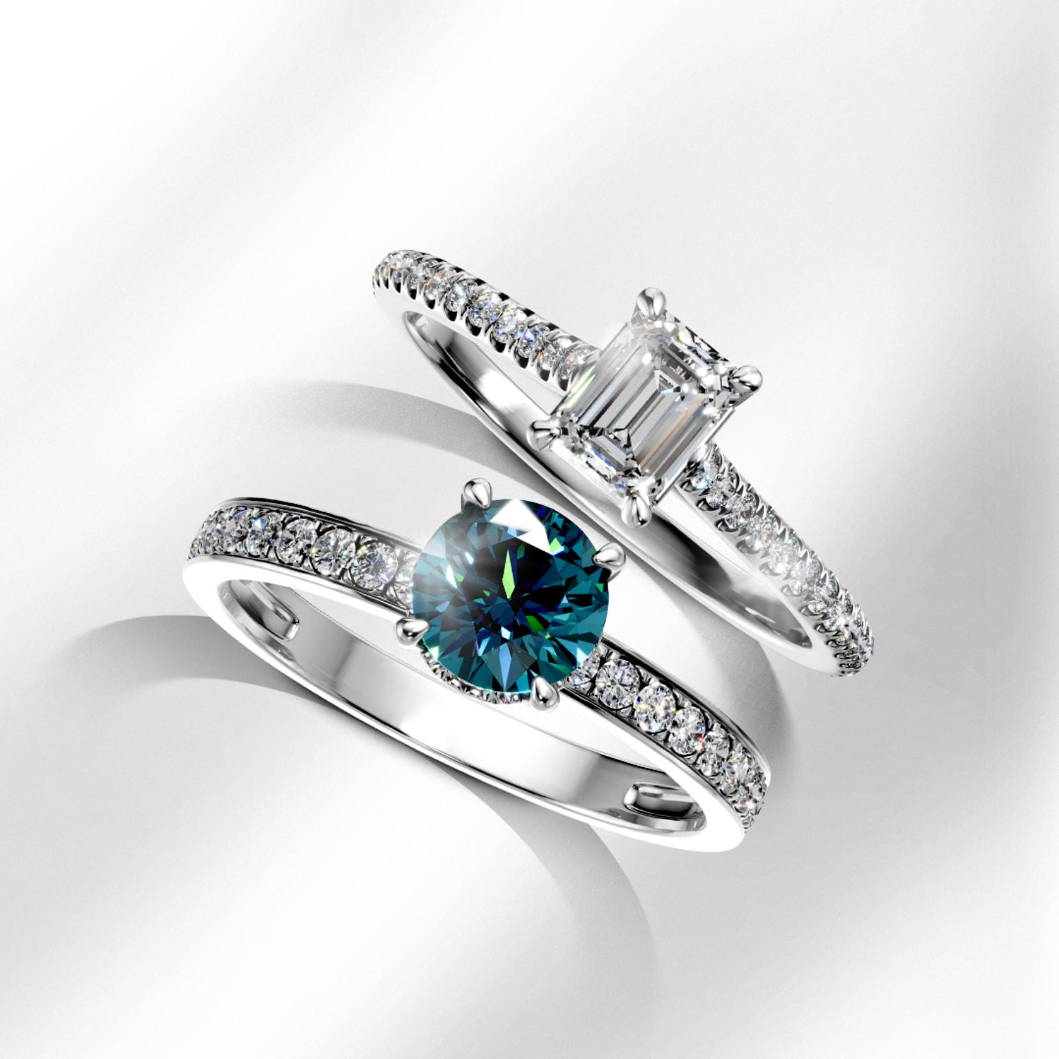 Годежен пръстен от платина с диамант Emerald и годежен пръстен от 18K бяло злато с кръгъл син диамант – TEILOR